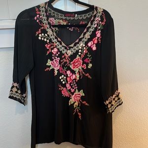 Johnny Was Black v neck tunic with pink embroidered flowers size small